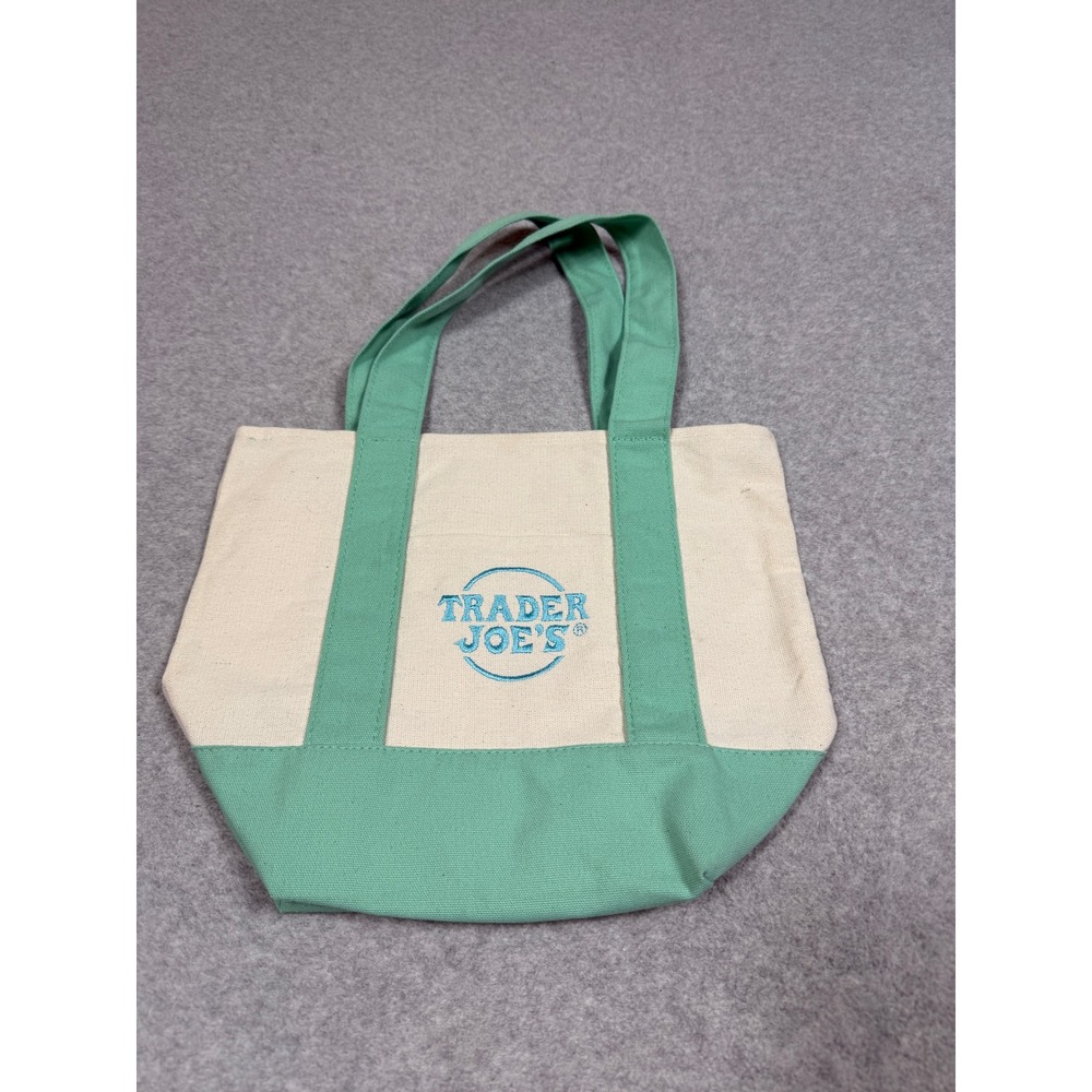 Trader Joes Mini Canvas Tote Bag Teal Green Cream Embroidered Logo Handbag
